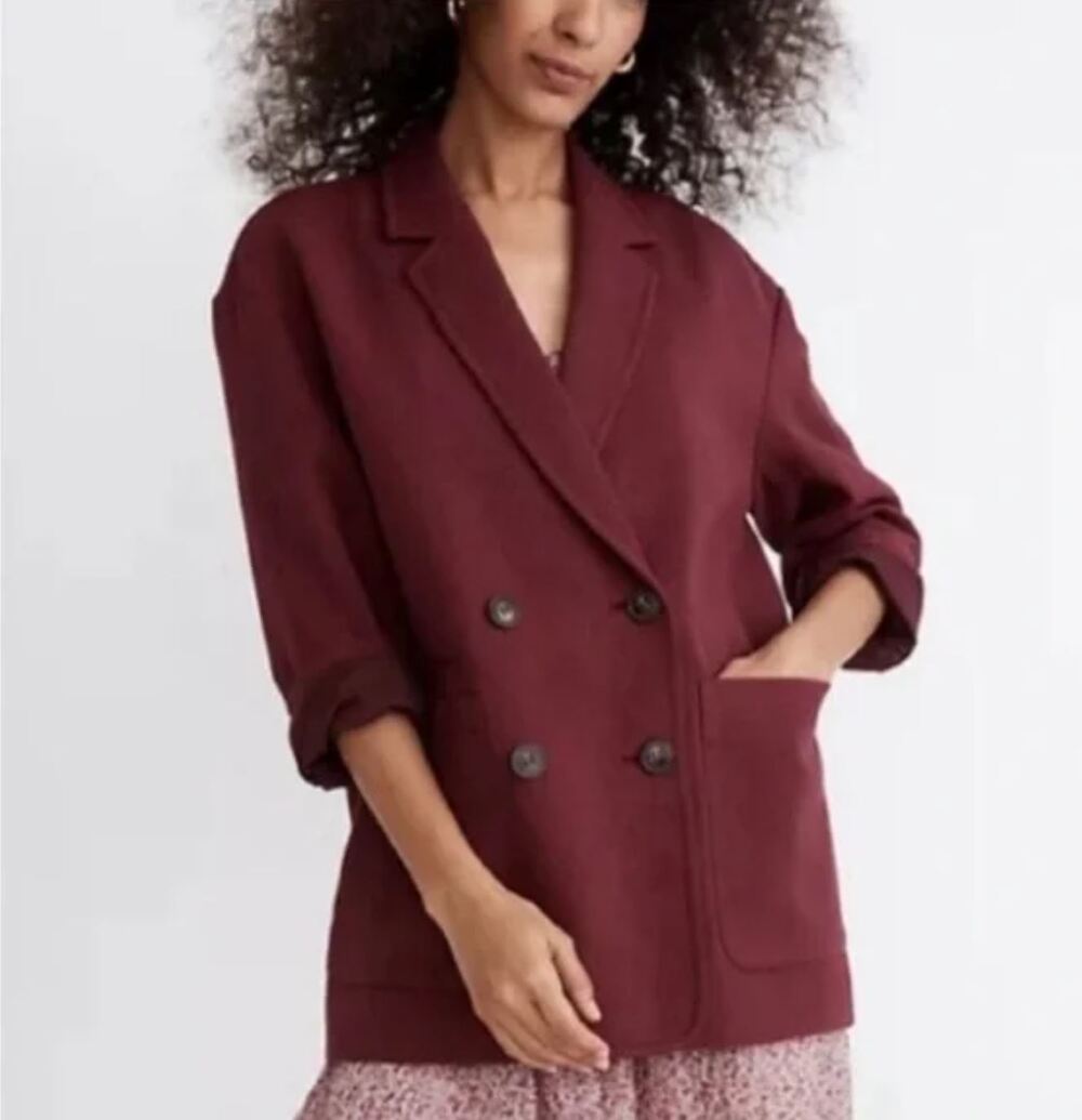 MADEWELL Hayfield Double Breasted Blazer Jacket Small Maroon Cotton Jacket Boxy